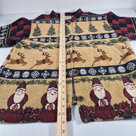 Sugar Street Weavers Vintage USA Red Green Santa Reindeer Tapestry Jacket L - Picture 4 of 7